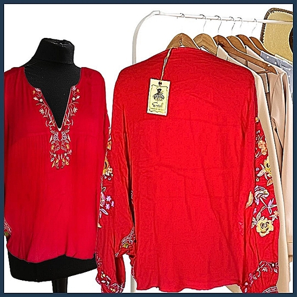 EASEL Scarlet Red Color Embroidery Dolman Sleeve Oversize Top Small Medium NWT - Picture 3 of 7